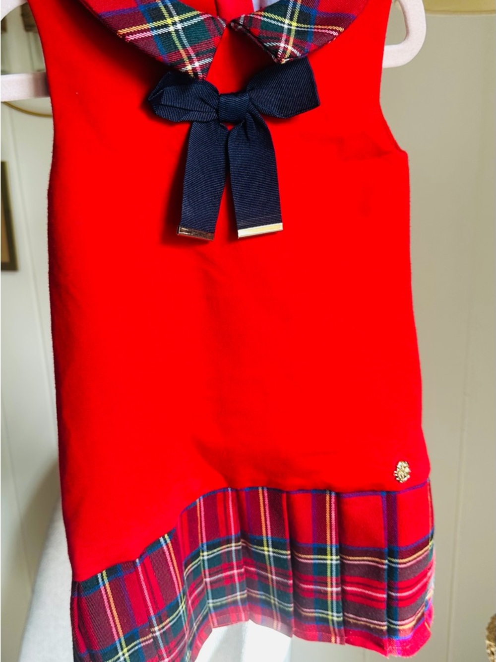 Kids Red Plaid Trim Dress with Navy Bow